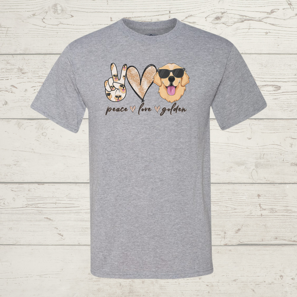 Peace Love Golden Retriever Gray Sublimated Tee Small